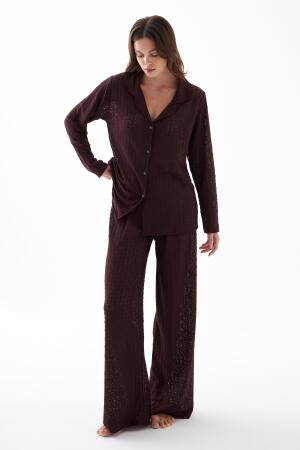 Kadın Mürdüm Önden Düğmeli Rahat Kesim Pijama Takımı - 2