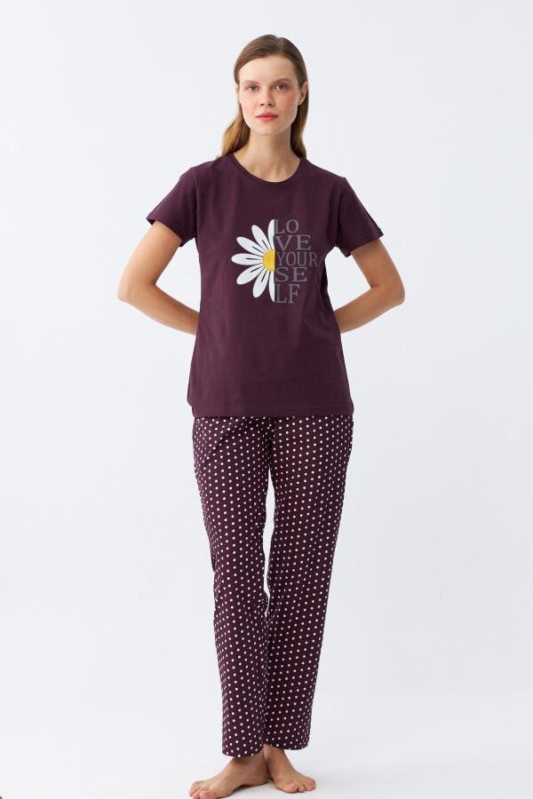 Angelino Kadın Mürdüm Papatya Baskılı Kısa Kollu Penye Pijama Takımı - 1