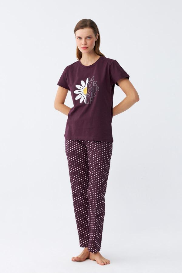 Angelino Kadın Mürdüm Papatya Baskılı Kısa Kollu Penye Pijama Takımı - 3