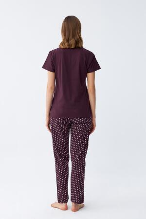 Angelino Kadın Mürdüm Papatya Baskılı Kısa Kollu Penye Pijama Takımı - 5