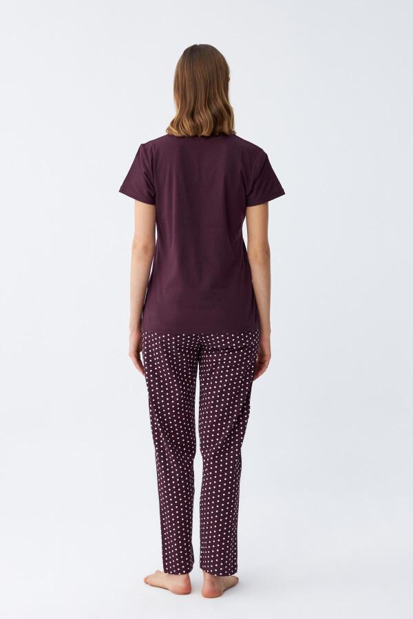 Angelino Kadın Mürdüm Papatya Baskılı Kısa Kollu Penye Pijama Takımı - 5