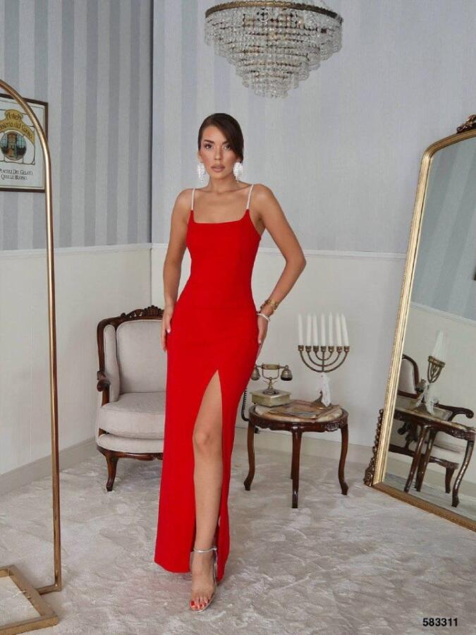 Kadın Omuz Askılı Derin Yırtmaç Detay Maxi Boy Elbise - 2