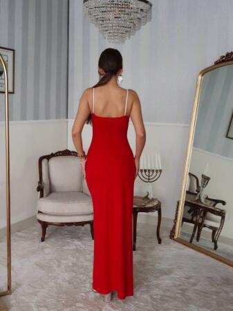 Kadın Omuz Askılı Derin Yırtmaç Detay Maxi Boy Elbise - 7