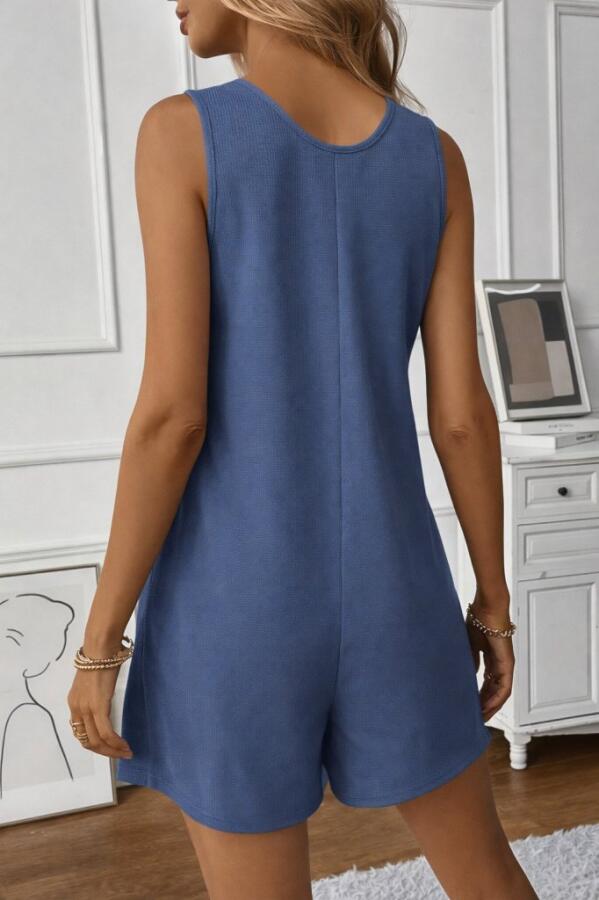 Kadın Omuz Askılı önden Düğmeli Waffle Kısa Tulum - 4