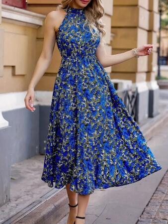 Kadın Omuzlardan Açık Daire Yaka Desenli Maxi Süprem Elbise - ANGELINO BuyukBedeniz