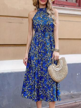 Kadın Omuzlardan Açık Daire Yaka Desenli Maxi Süprem Elbise - ANGELINO BuyukBedeniz (1)