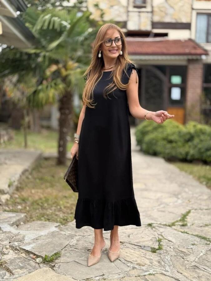 Kadın Omuzlardan Büzgülü Kayık Yaka Fırfırlı Janjan Krep Elbise - 1