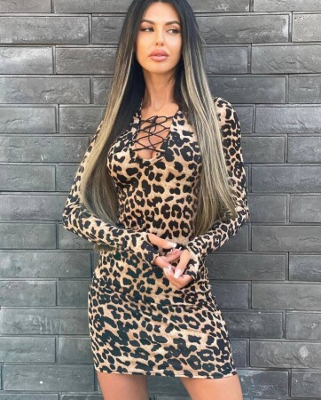Kadın örme Viskon Kumaş Leopar Desenli çapraz Göğüs Detay Mini Boy Elbise - 1
