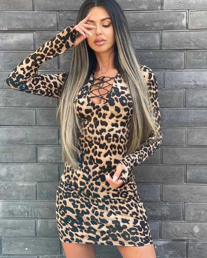 Kadın örme Viskon Kumaş Leopar Desenli çapraz Göğüs Detay Mini Boy Elbise - 2