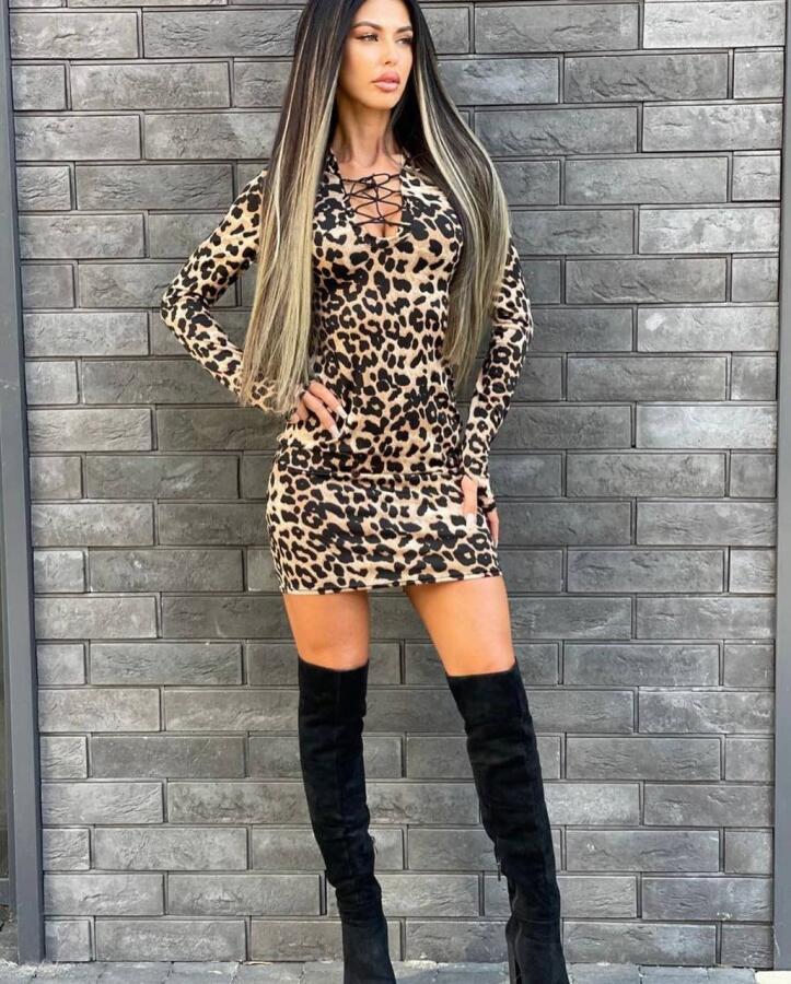Kadın örme Viskon Kumaş Leopar Desenli çapraz Göğüs Detay Mini Boy Elbise - 3