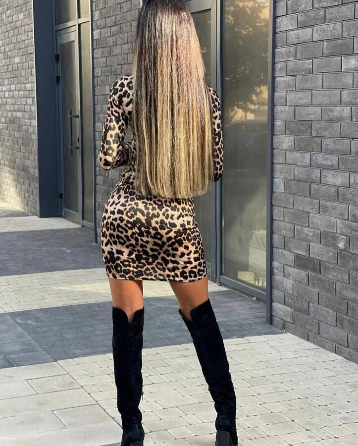 Kadın örme Viskon Kumaş Leopar Desenli çapraz Göğüs Detay Mini Boy Elbise - 6