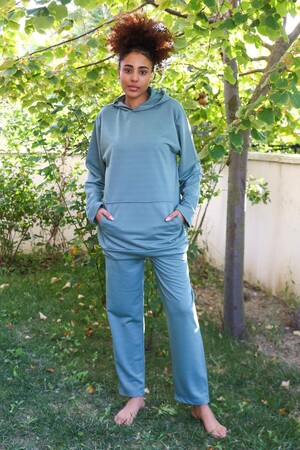 Angelino iç Giyim Kadın Pamuk Kapşonlu Cepli 3 İplik Yeşil Eşofman Takım 9037 - 1