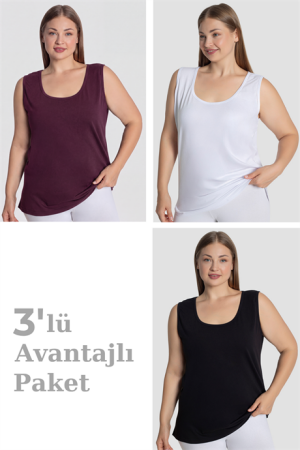 Kadın Pamuklu Büyük Beden Kalın Askılı Atlet 3'lü Paket - 1