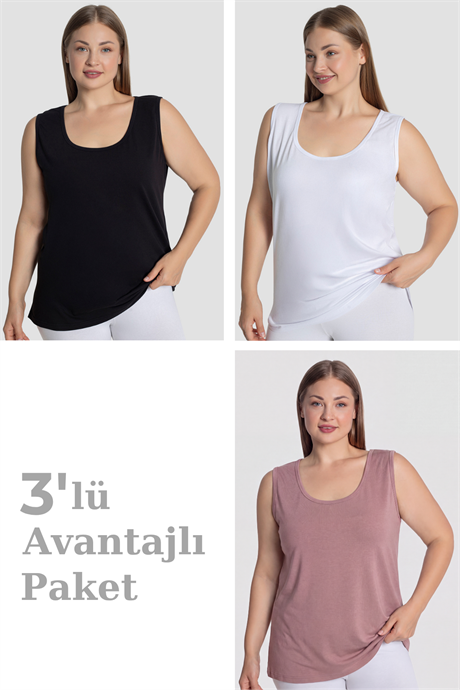 Kadın Pamuklu Büyük Beden Kalın Askılı Atlet 3'lü Paket - 1