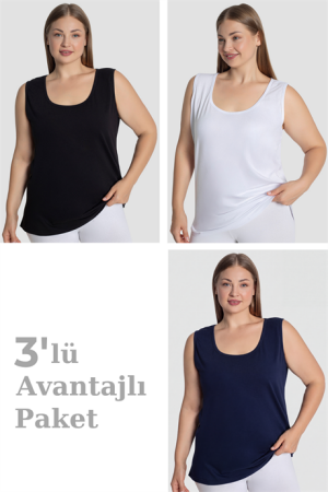 Kadın Pamuklu Büyük Beden Kalın Askılı Atlet 3'lü Paket - 1