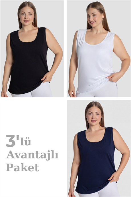 Kadın Pamuklu Büyük Beden Kalın Askılı Atlet 3'lü Paket - 1