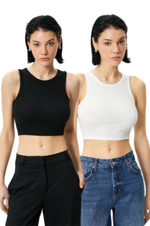 Kadın Pamuklu Fitilli Halter Yaka Kalın Askılı Crop Büstiyer Beyaz Siyah 2'li Paket - Angelino