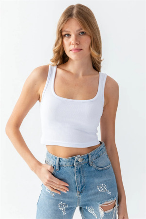 Kadın Pamuklu Kaşkorse Bisiklet Yaka Kalın Askılı Crop Atlet Büstiyer Beyaz - Angelino