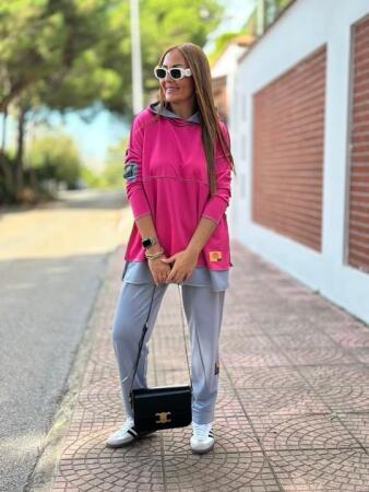 Kadın Pembe Kapşonlu Etek Ucu Detay Arma Ters Dikiş Gorunumlu Ikili Takım - 9