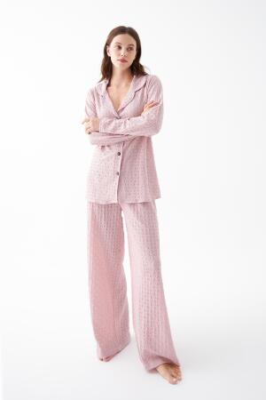 Kadın Pembe Önden Düğmeli Rahat Kesim Pijama Takımı - 3