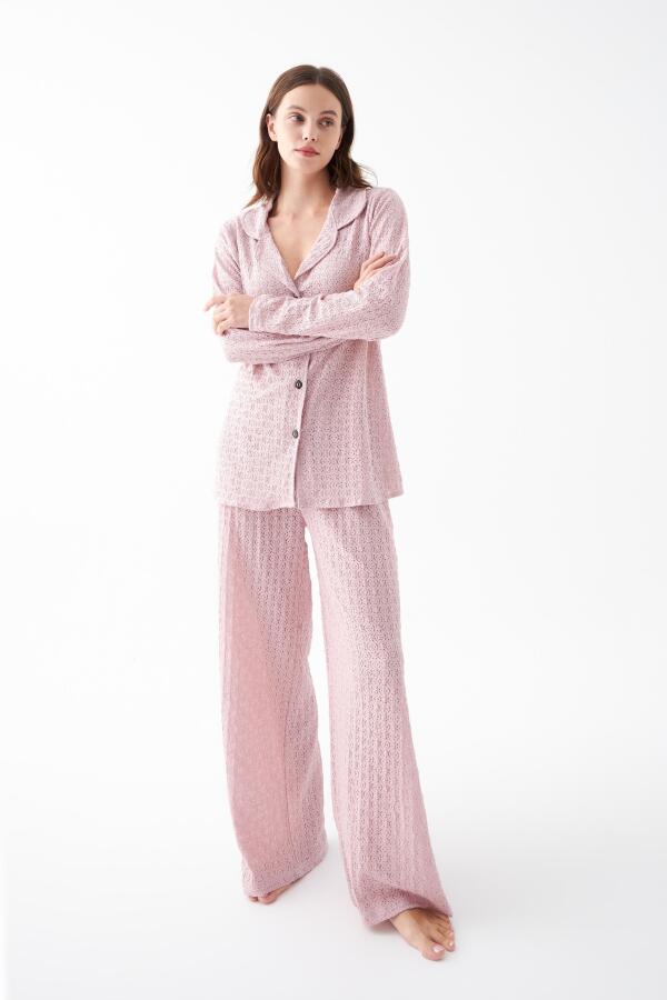 Kadın Pembe Önden Düğmeli Rahat Kesim Pijama Takımı - 3
