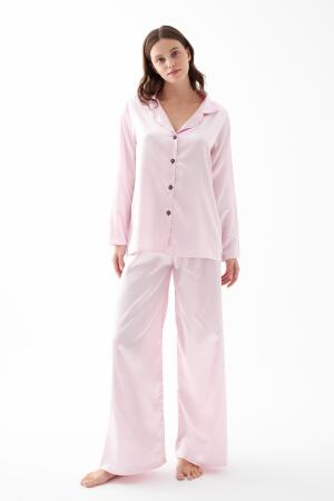 Kadın Pembe Oversize Saten Pijama Takımı - 1
