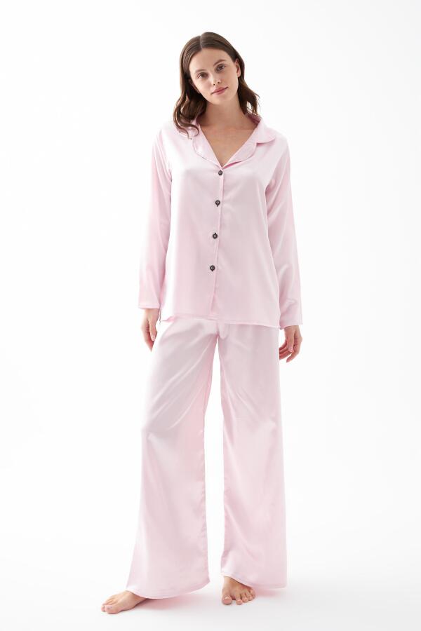 Kadın Pembe Oversize Saten Pijama Takımı - 1
