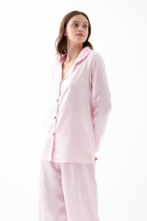 Kadın Pembe Oversize Saten Pijama Takımı - 2