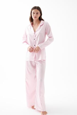 Kadın Pembe Oversize Saten Pijama Takımı - 3