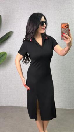 Kadın Polo Yaka çift Yırtmaç Detay Modal Kumaş Midi Boy Elbise - 1