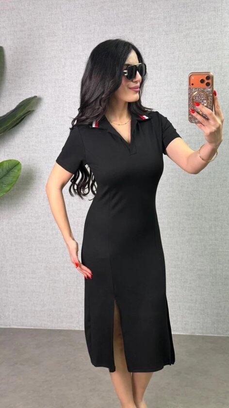 Kadın Polo Yaka çift Yırtmaç Detay Modal Kumaş Midi Boy Elbise - 1