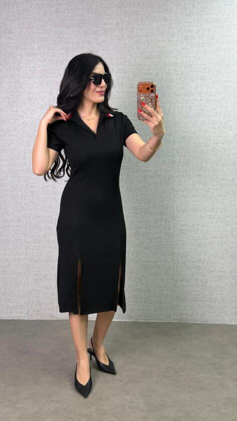 Kadın Polo Yaka çift Yırtmaç Detay Modal Kumaş Midi Boy Elbise - 2