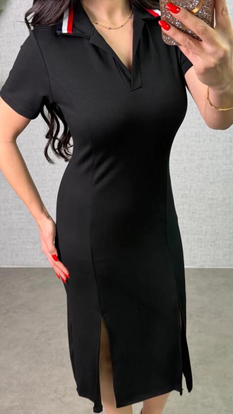 Kadın Polo Yaka çift Yırtmaç Detay Modal Kumaş Midi Boy Elbise - 4