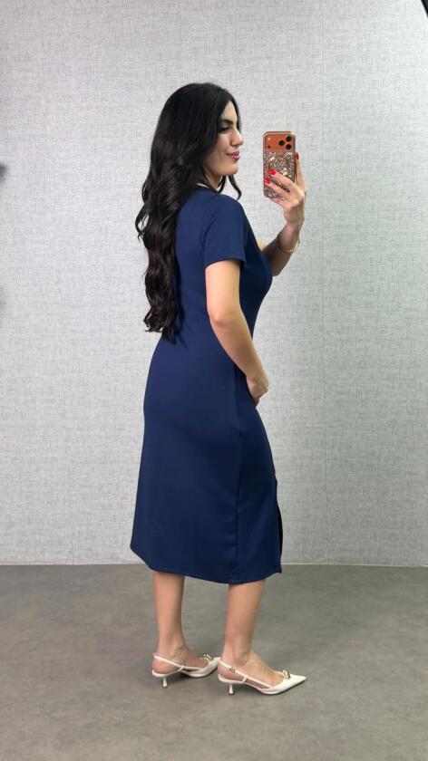 Kadın Polo Yaka çift Yırtmaç Detay Modal Kumaş Midi Boy Elbise - 3