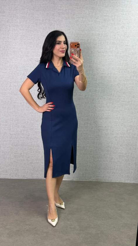 Kadın Polo Yaka çift Yırtmaç Detay Modal Kumaş Midi Boy Elbise - 4