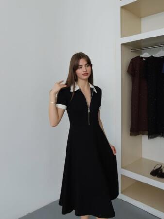 Kadın Polo Yaka Fermuar Detaylı Modal Midi Elbise - 9