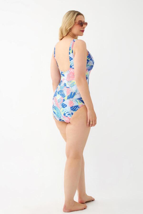 Kadın Renkli Tropikal Desenli Büyük Beden Tek Parça Mayo - 5