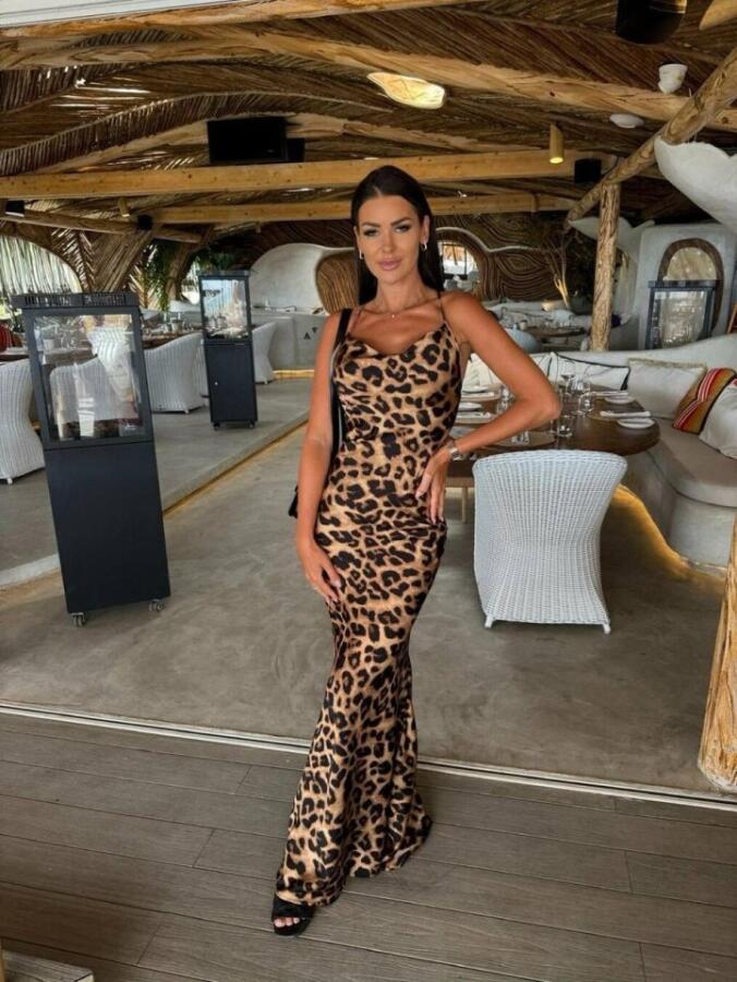 Kadın Saten Kumaş Leopar Desenli Uzun Askılı Elbise - 1