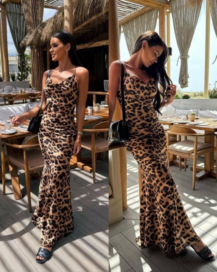 Kadın Saten Kumaş Leopar Desenli Uzun Askılı Elbise - 2