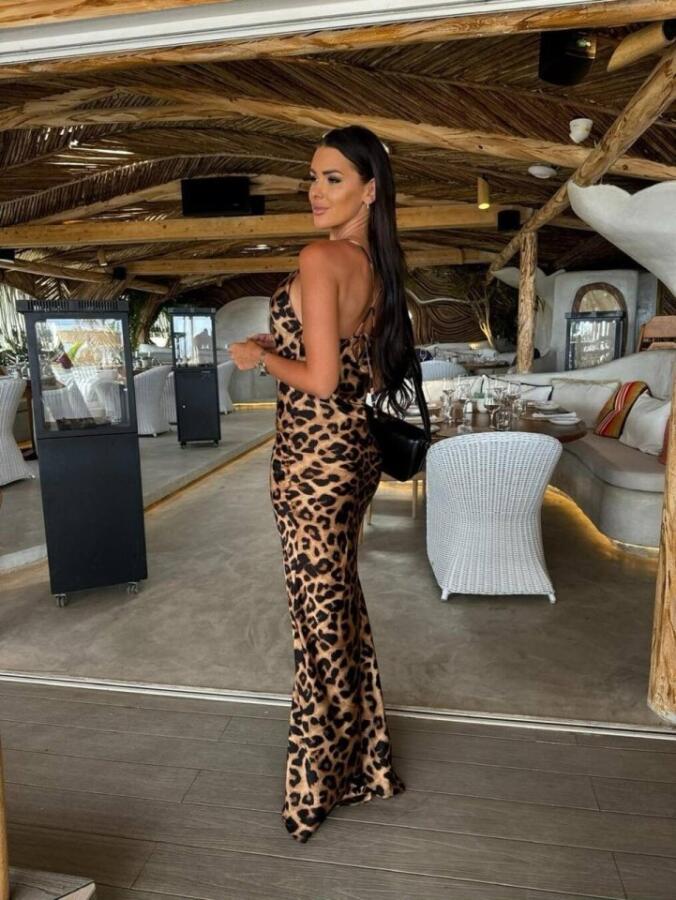 Kadın Saten Kumaş Leopar Desenli Uzun Askılı Elbise - 7