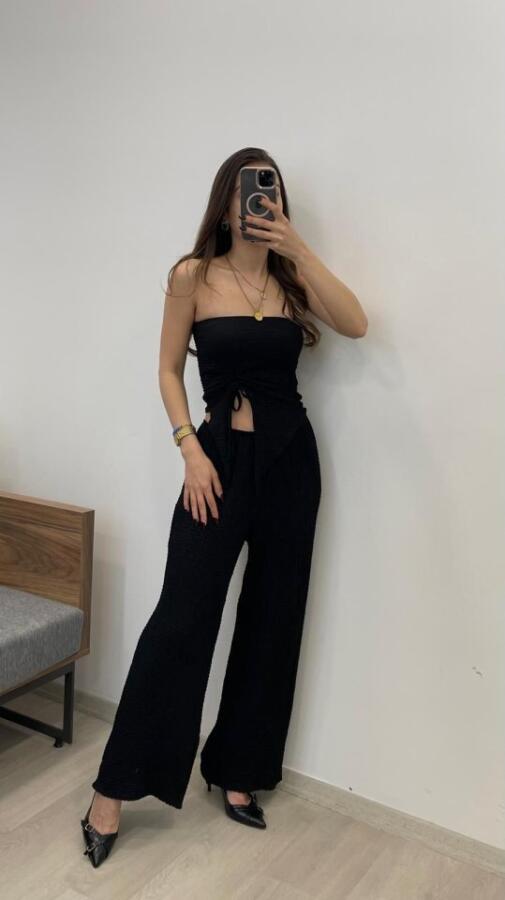 Kadın Sendy Kumaş Bağcık Detaylı Asimetrik Takım - 1