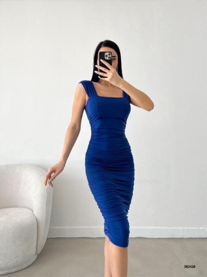 Kadın Sendy Kumaş Kalın Askılı Midi Boy Elbise - 2