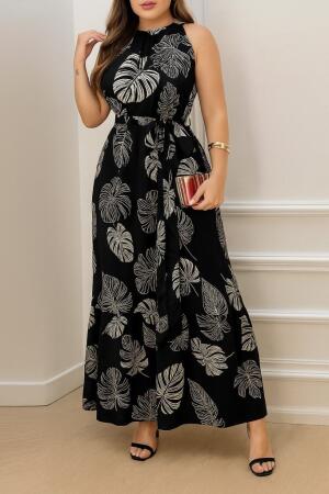 Kadın Sıfır Kok Bağcıklı Kemerli Etek Ucu Fırfırlı Desenli Süprem Elbise - ANGELINO BuyukBedeniz