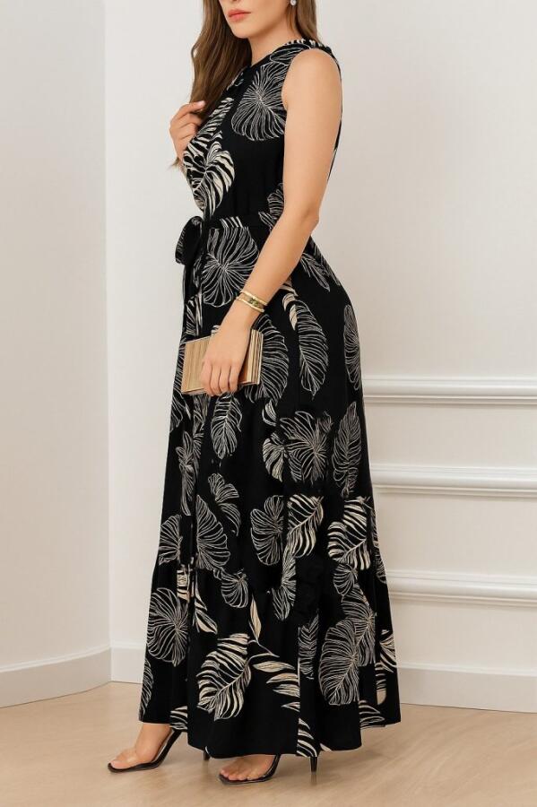 Kadın Sıfır Kok Bağcıklı Kemerli Etek Ucu Fırfırlı Desenli Süprem Elbise - 2