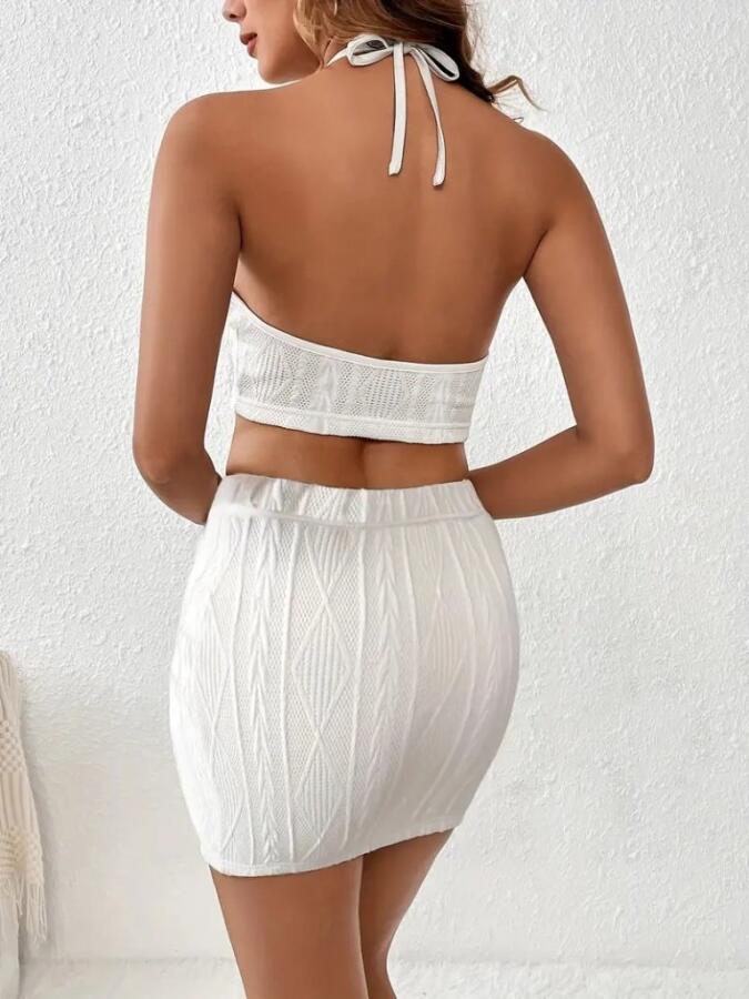 Kadın Sıfır Kol Crop Mini Etek Ikili Triko Takım - 4