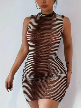Kadın Sıfır Kol Desenli Mini Bodycon Dalgıç Elbise - 4