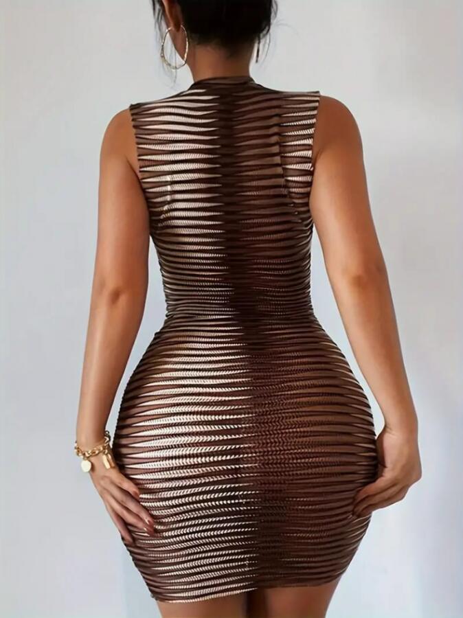 Kadın Sıfır Kol Desenli Mini Bodycon Dalgıç Elbise - 5