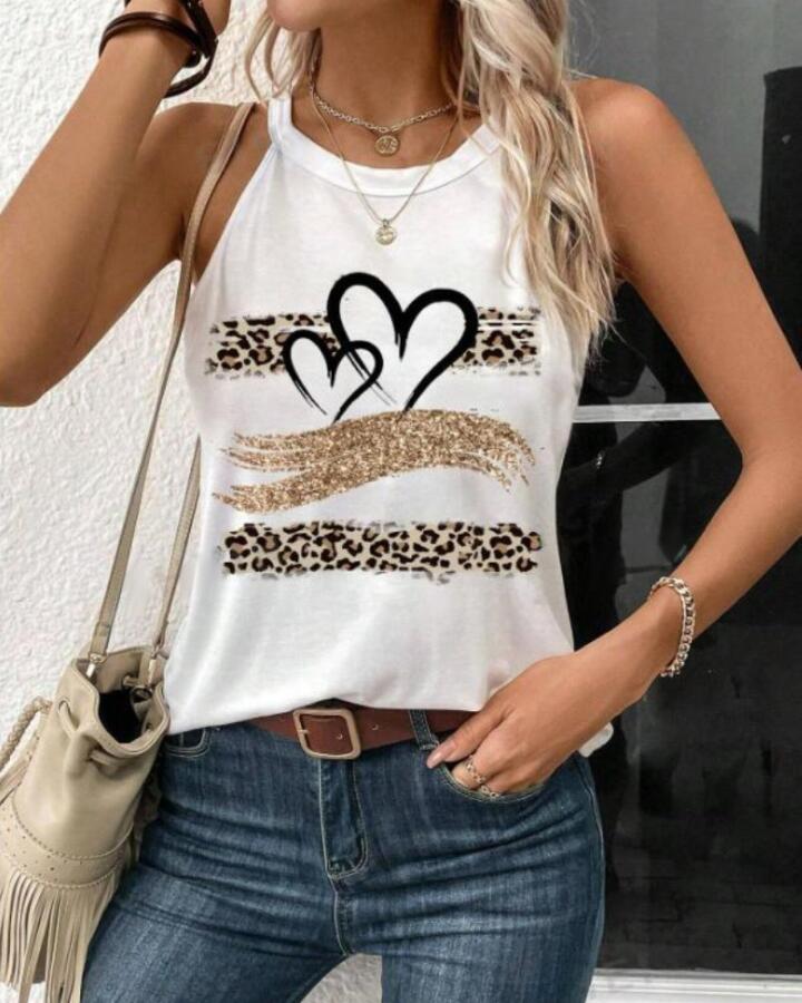 Kadın Sıfır Kol Halter Yaka Kalp Baskılı Viskon Bluz - 2