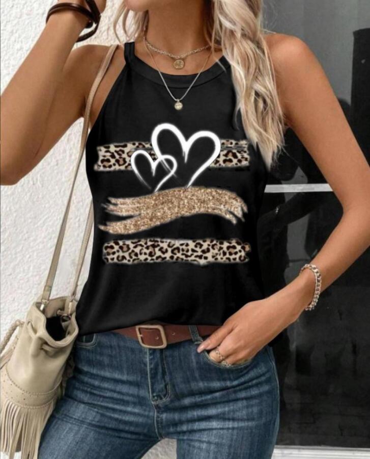 Kadın Sıfır Kol Halter Yaka Kalp Baskılı Viskon Bluz - 1