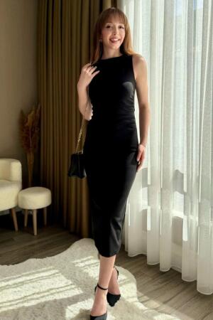Kadın Sıfır Kol Sıfır Yaka Drape Detaylı Midi Janjan Krep Elbise - 4